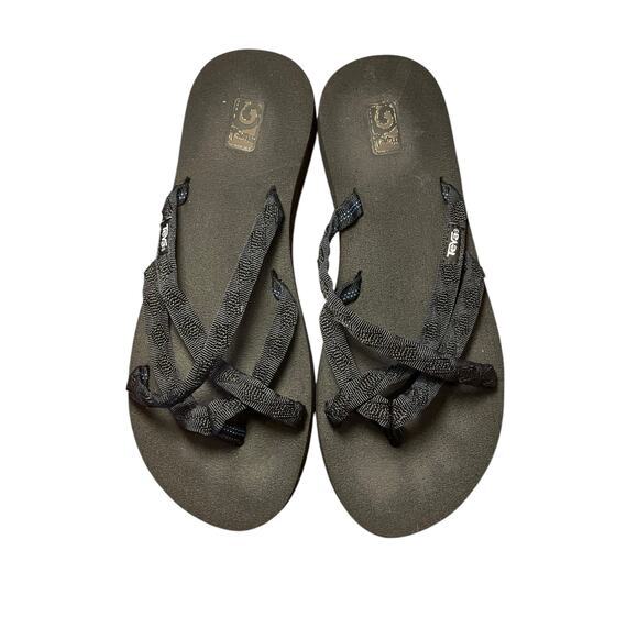 Teva Women 9 Black Thin Strap Canvas Sandals Mush Olowahu Slip-On Foam Flip Flop - Picture 1 of 10